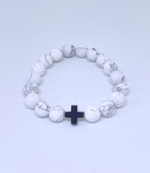 Matte Black and White Howlite Stretch Bracelet with Hematite Cross