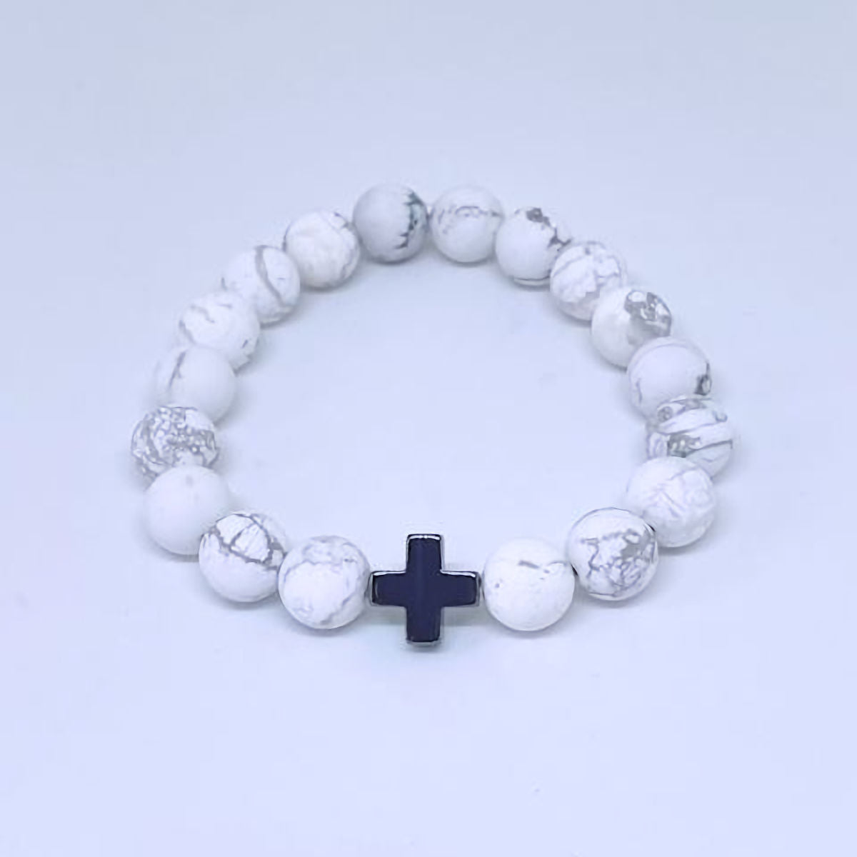 Matte Black and White Howlite Stretch Bracelet with Hematite Cross