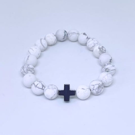 Matte Black and White Howlite Stretch Bracelet with Hematite Cross