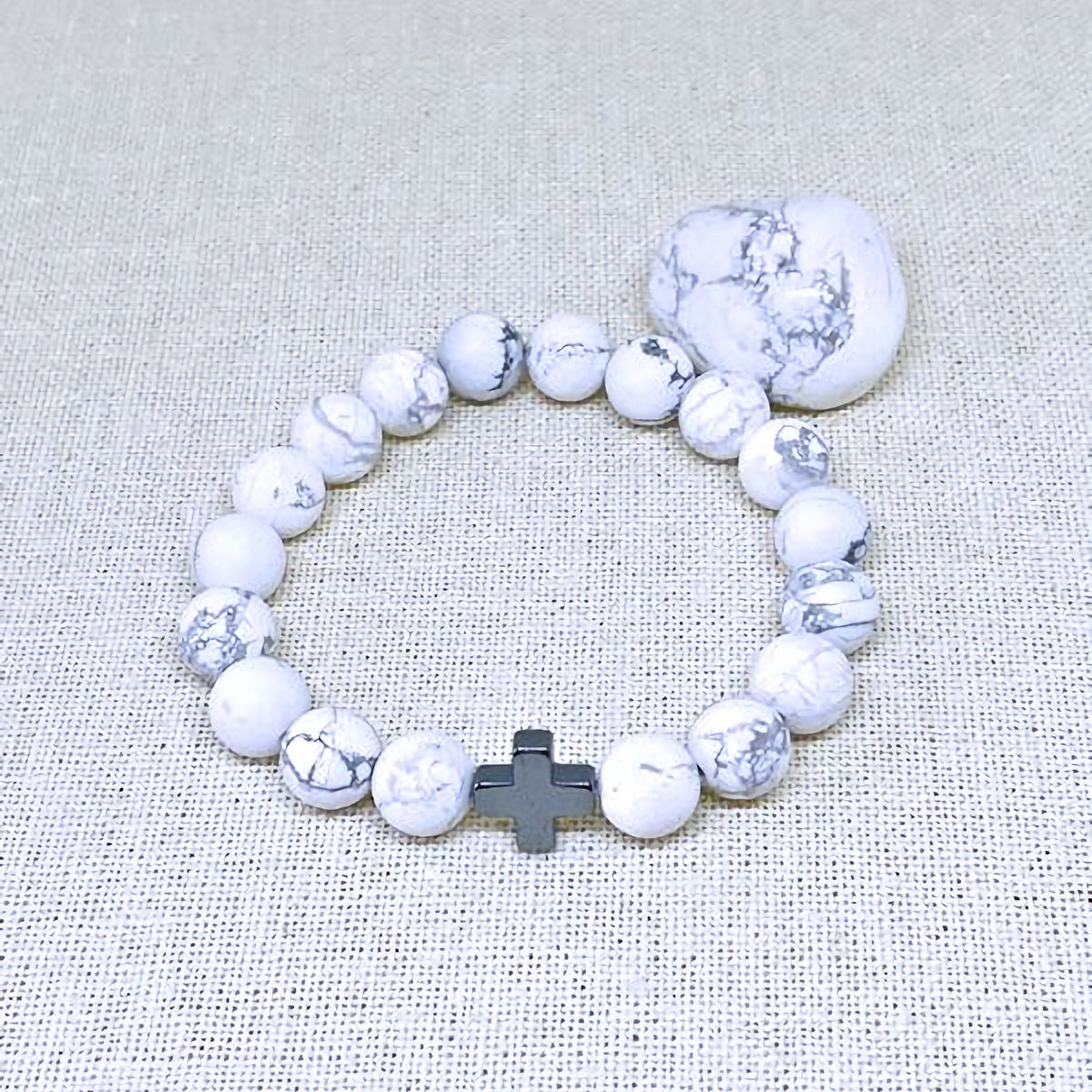 Matte Black and White Howlite Stretch Bracelet with Hematite Cross