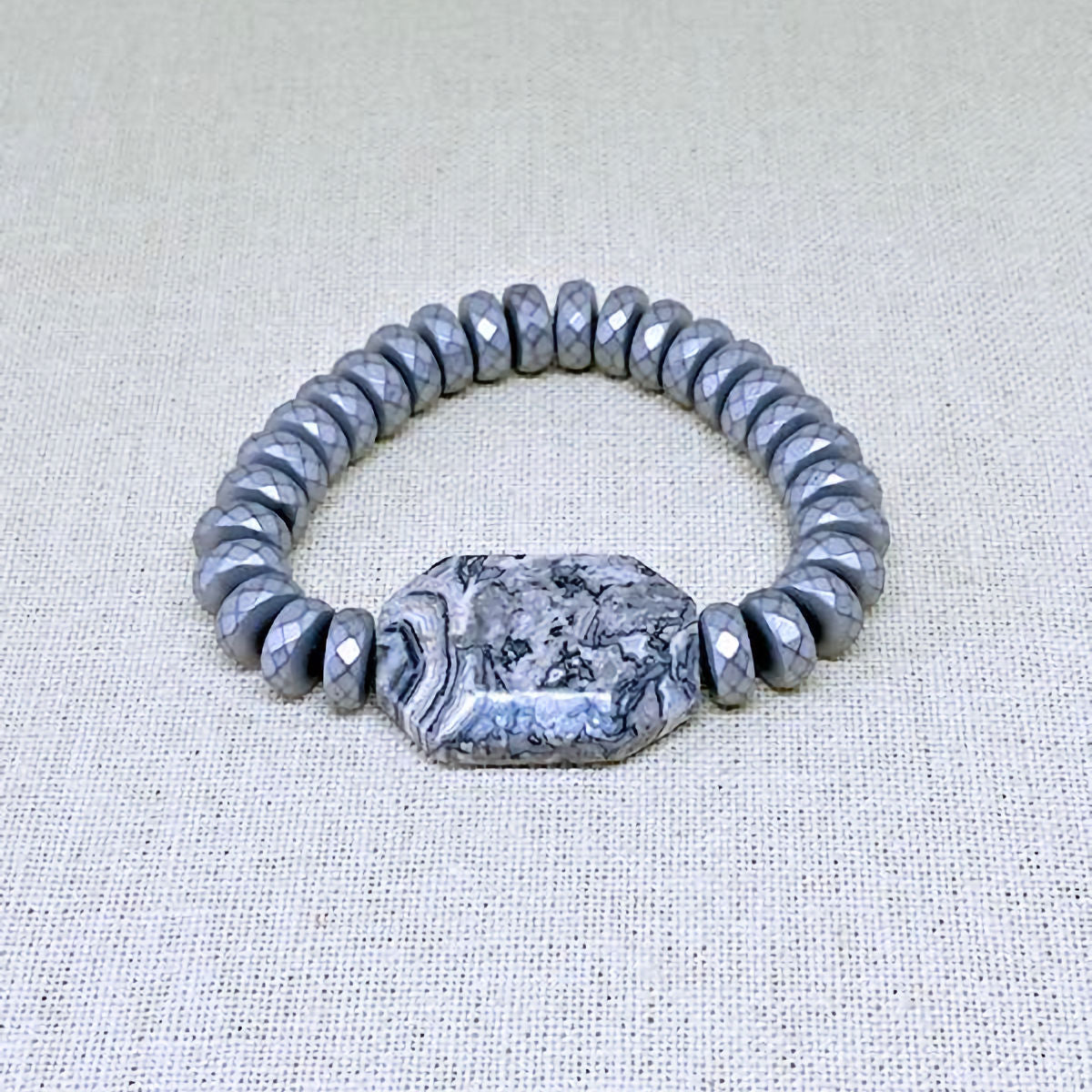 Matte Rondelle Hematite Stretch Bracelet with Map Jasper Stone