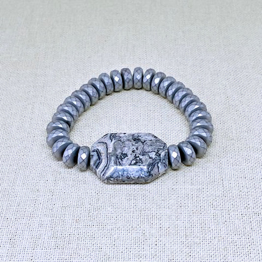 Matte Rondelle Hematite Stretch Bracelet with Map Jasper Stone