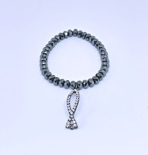 Rondelle Dark Gray Hematite Stretch Bracelet with Pave Ichthys Symbol Charm