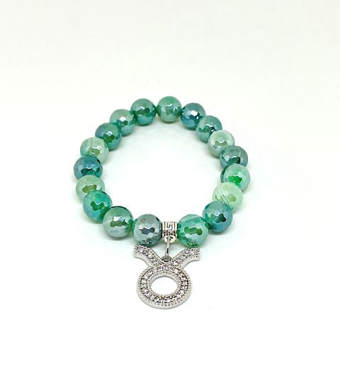 Faceted Striped Green Agate Stretch Bracelet with Taurus Zodiac Charm