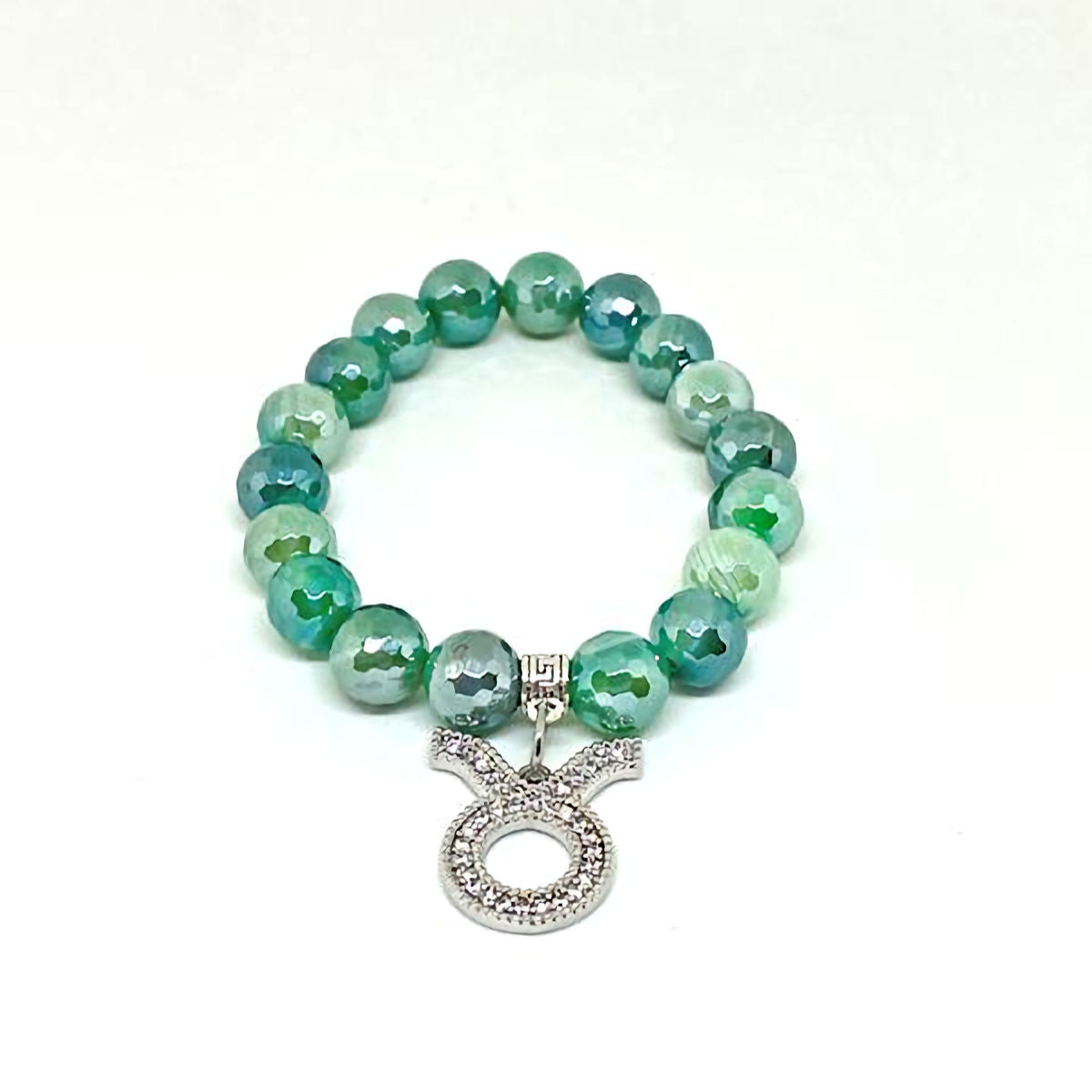 Faceted Striped Green Agate Stretch Bracelet with Taurus Zodiac Charm