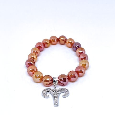 Red Mixed Electroplated Stretch Bracelet with Aries Zodiac Charm