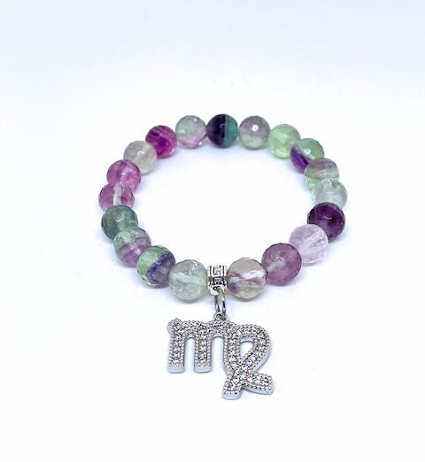 Natural Multicolor Fluorite Stretch Bracelet with Virgo Charm