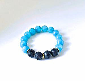 Ocean Breeze Aquamarine Stretch Bracelet with Black Lava Beads