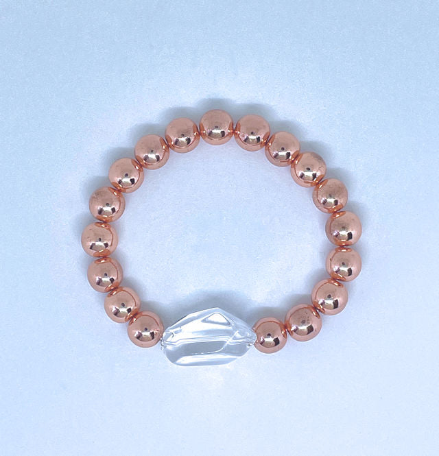 12mm Rose Gold Hematite Stretch Bracelet with Clear Quartz Crystal