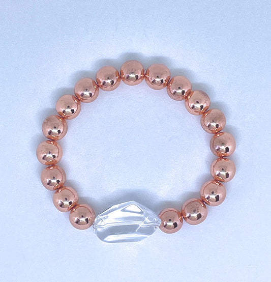 12mm Rose Gold Hematite Stretch Bracelet with Clear Quartz Crystal