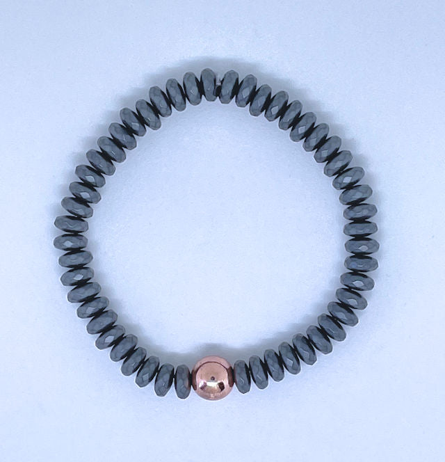 Matte Faceted Dark Gray Hematite Bracelet with Rose Gold Focal Bead