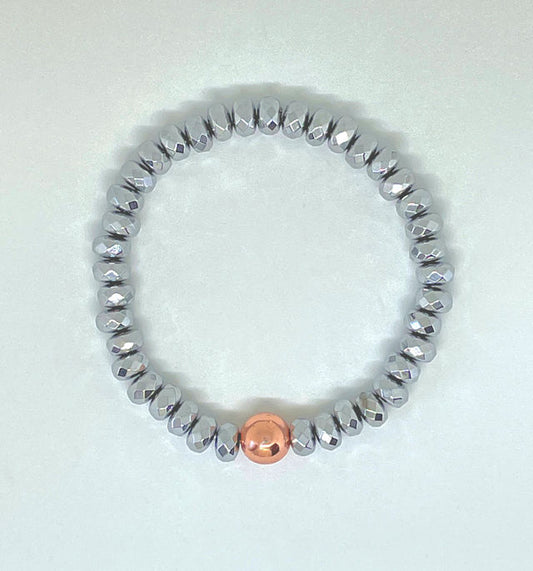 Faceted Rondelle Hematite Bracelet with Rose Gold Focal Bead