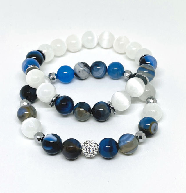 Blue Banded Agate and Selenite Stretch Bracelet Set