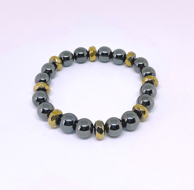 10mm Dark Gray Hematite Stretch Bracelet with Antique Gold Spacers