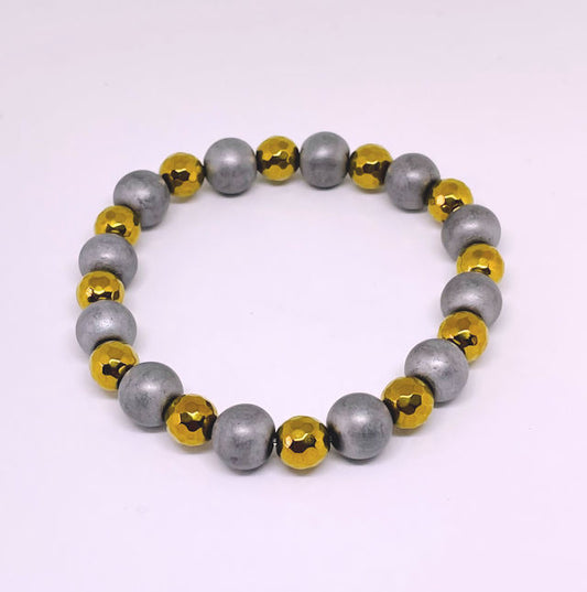 Matte Gray Hematite Stretch bracelet with Faceted Gold Hematite Spacers