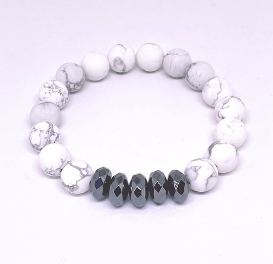 Matte White Howlite Stretch Bracelet with Dark Gray Faceted Rondelle Spacers