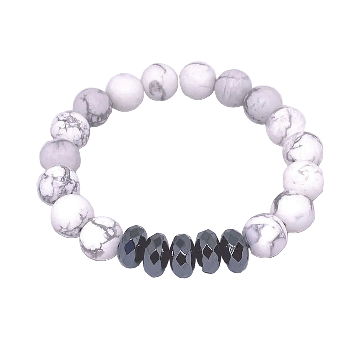Matte White Howlite Stretch Bracelet with Dark Gray Faceted Rondelle Spacers