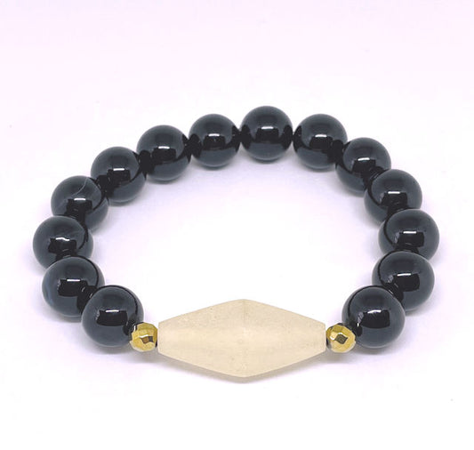 Black Onyx Stretch Bracelet with Matte Pale Yellow Frosted Sea Glass Focal Bead