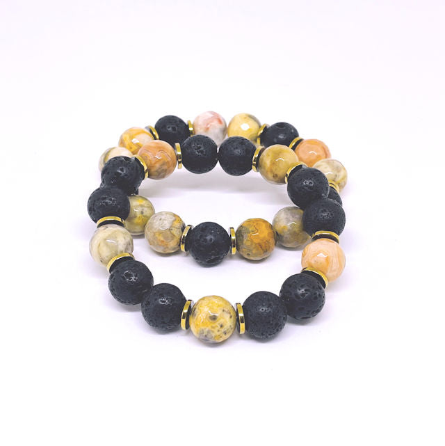 Stretch Bracelet Set: Featuring Faceted Crazy Lace Agate Accented with Black Lava Beads