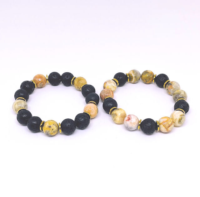 Stretch Bracelet Set: Featuring Faceted Crazy Lace Agate Accented with Black Lava Beads