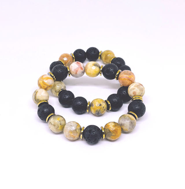 Stretch Bracelet Set: Featuring Faceted Crazy Lace Agate Accented with Black Lava Beads