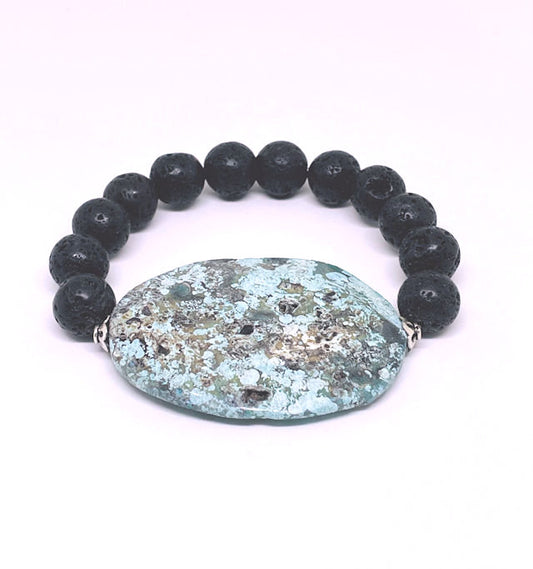 Black Lava Stretch Bracelet featuring an African Turquoise Stone