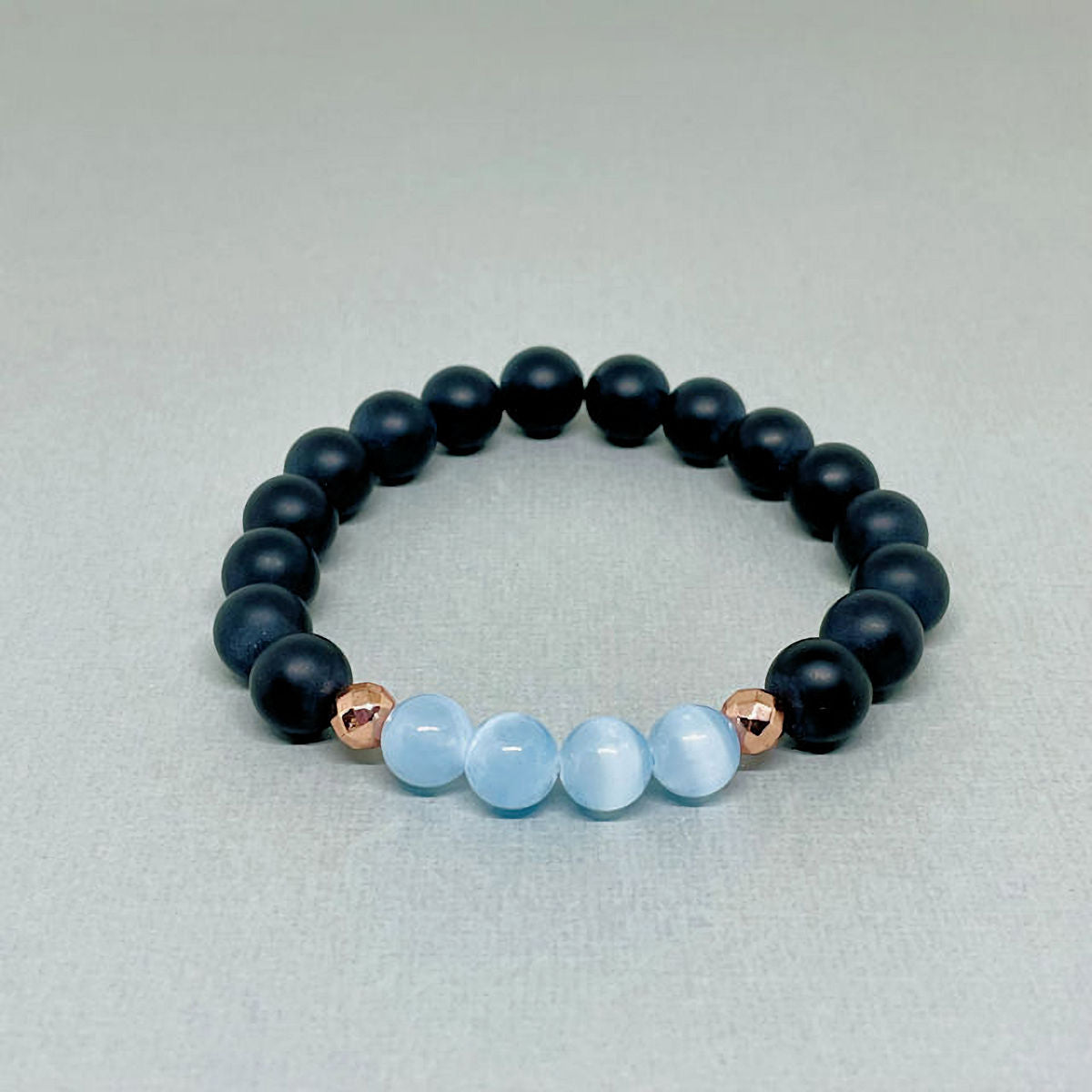 Matte Black Onyx Stretch Bracelet with Blue Selenite and Rose Hematite Accents