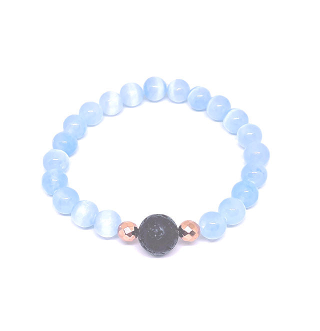 Blue Selenite Stretch Bracelet with Black Lava Bead and Rose Hematite Accent