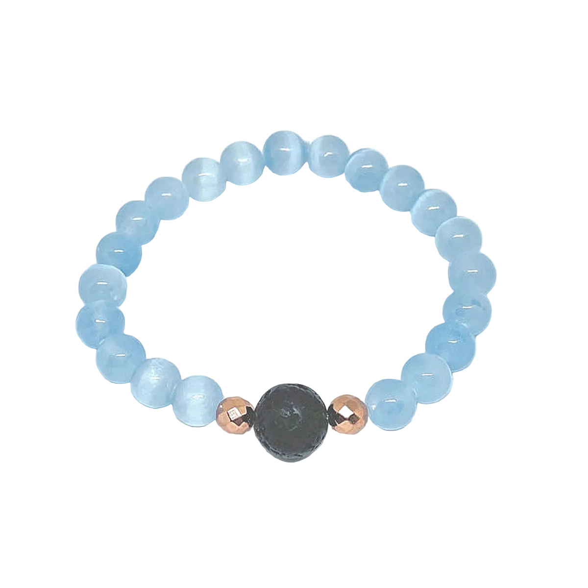 Blue Selenite Stretch Bracelet with Black Lava Bead and Rose Hematite Accent