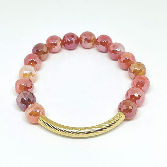 Orange Agate Electroplated Stretch Bracelet with Textured Gold Metal Bar