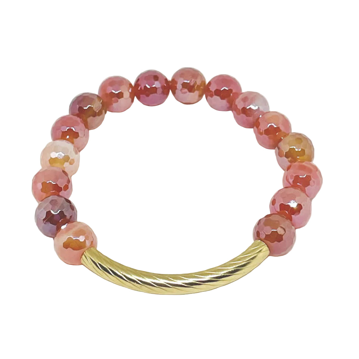 Orange Agate Electroplated Stretch Bracelet with Textured Gold Metal Bar