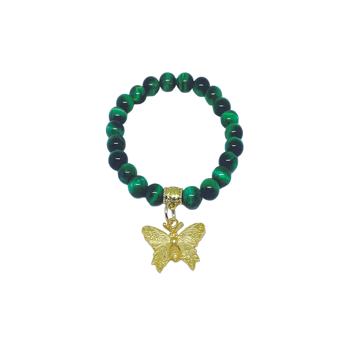 Green Tiger Eye Stretch Bracelet with Gold Plated Butterfly Charm