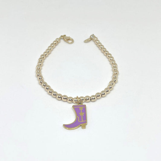 Gold Hematite beaded bracelet with 3/4" Purple Stainless Steel boot charm