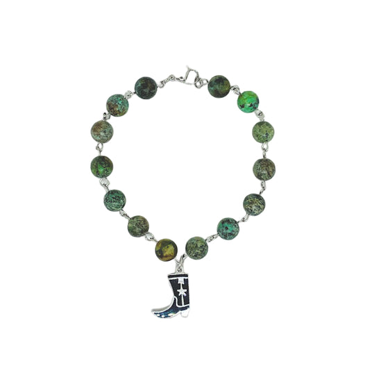 Turquoise wire chain bracelet with 3/4" Black Stainless Steel Boot charm
