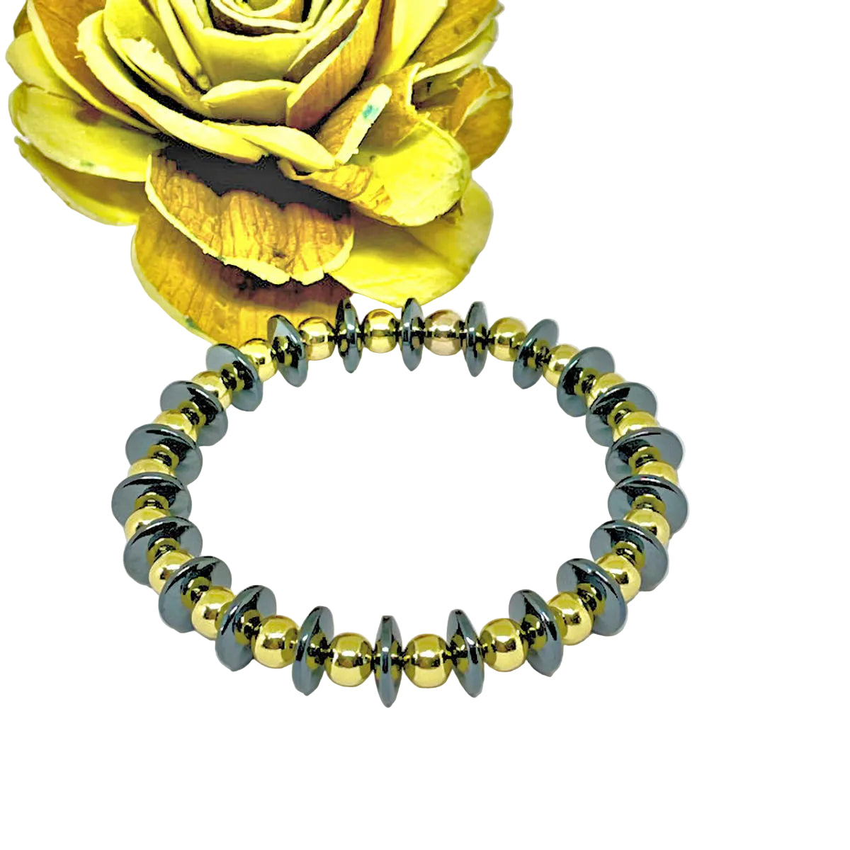 Dark Gray Rondelle Hematite Stretch Bracelet with Gold Hematite Beads