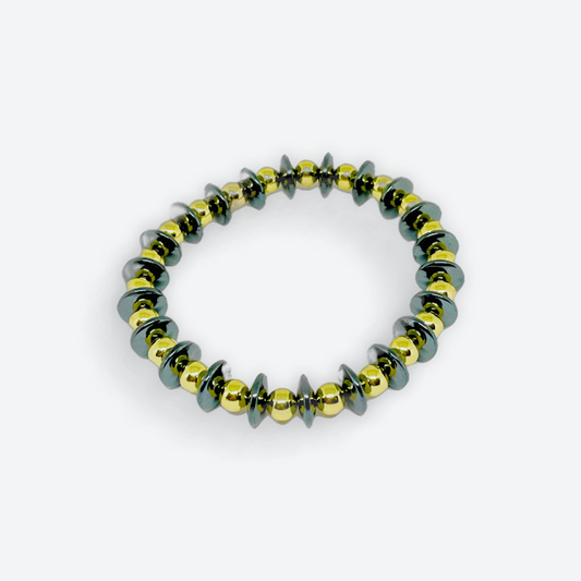 Dark Gray Rondelle Hematite Stretch Bracelet with Gold Hematite Beads