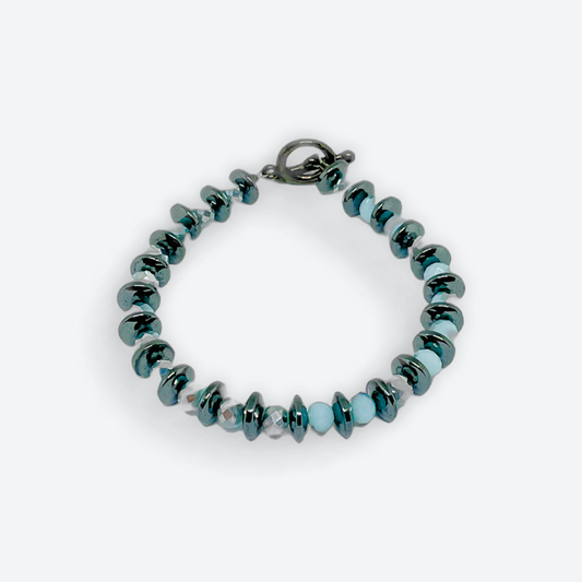 Rondelle Dark Gray Hematite Bracelet with Light Blue/Silver Crystal Beads