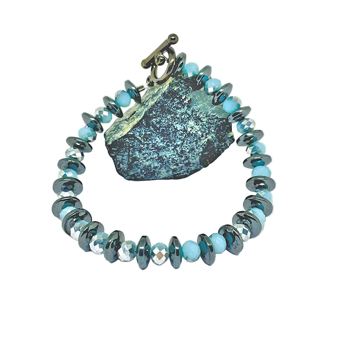 Rondelle Dark Gray Hematite Bracelet with Light Blue/Silver Crystal Beads
