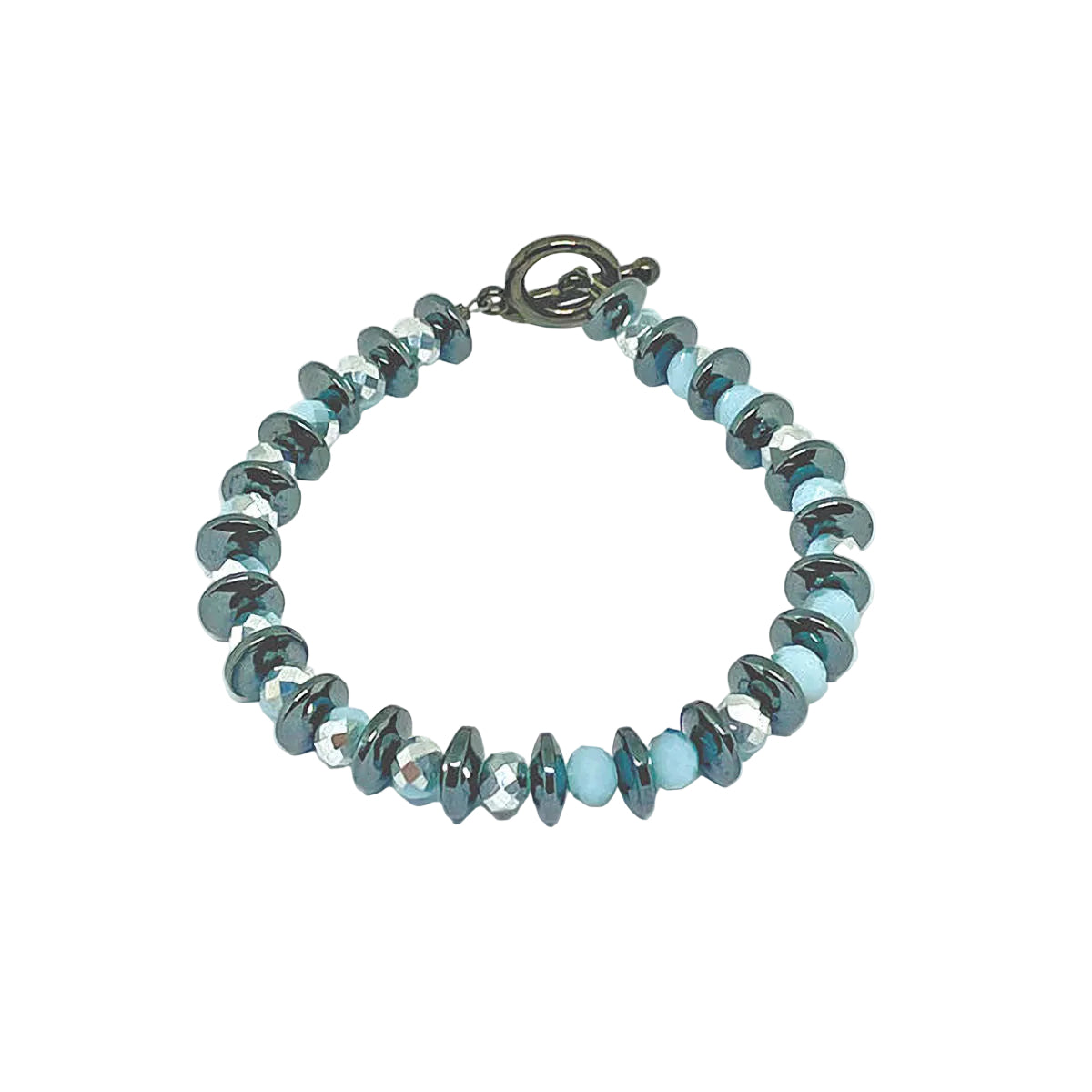 Rondelle Dark Gray Hematite Bracelet with Light Blue/Silver Crystal Beads