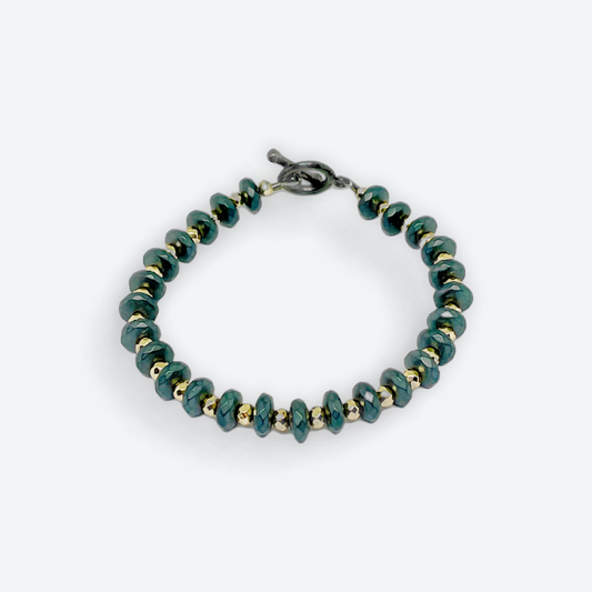Faceted Dark Gray Matte Rondelle Hematite Bracelet with Faceted Gold Hematite Spacers