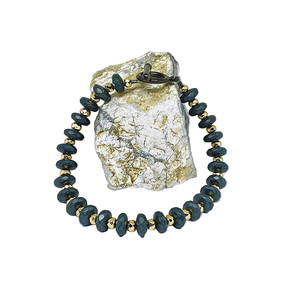 Faceted Dark Gray Matte Rondelle Hematite Bracelet with Faceted Gold Hematite Spacers