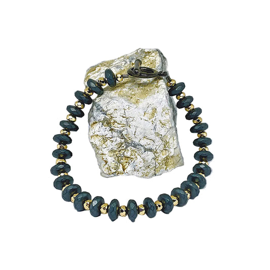 Faceted Dark Gray Matte Rondelle Hematite Bracelet with Faceted Gold Hematite Spacers