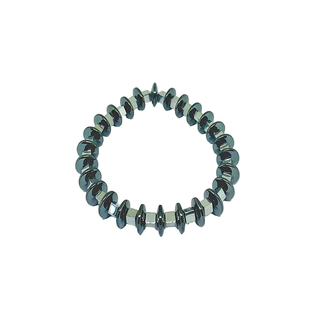 Rondelle Hematite Stretch Bracelet with Silver Square Hematite Spacers