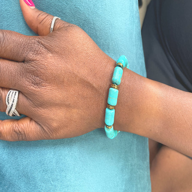 Blue Howlite Stretch Bracelet with Rondelle Gold Hematite Spacers