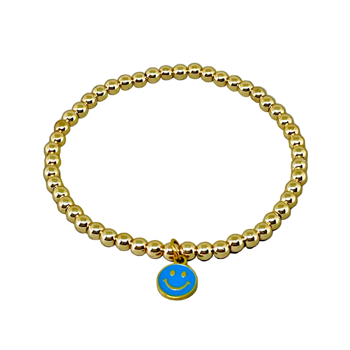 Gold Hematite Stretch Bracelet with Blue Enamel Smile Face Charm