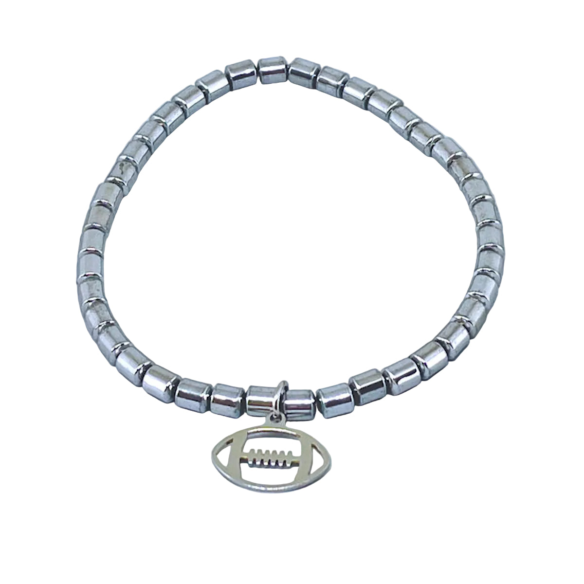 Barrel Shape Silver Hematite Football Charm Stretch Bracelet