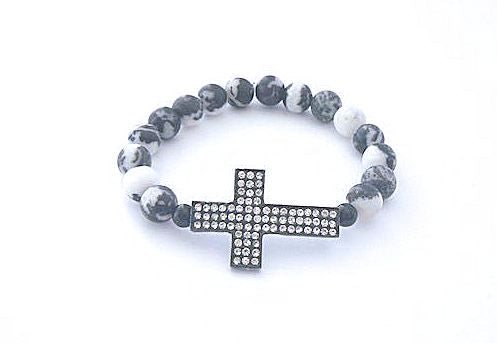 Onyx Marble Stretch Bracelet with Pave Crystal Cross