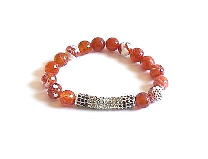 Fire Crackle Agate Stretch Bracelet with Pave Bar