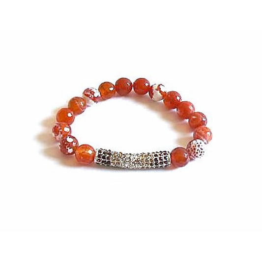 Fire Crackle Agate Stretch Bracelet with Pave Bar