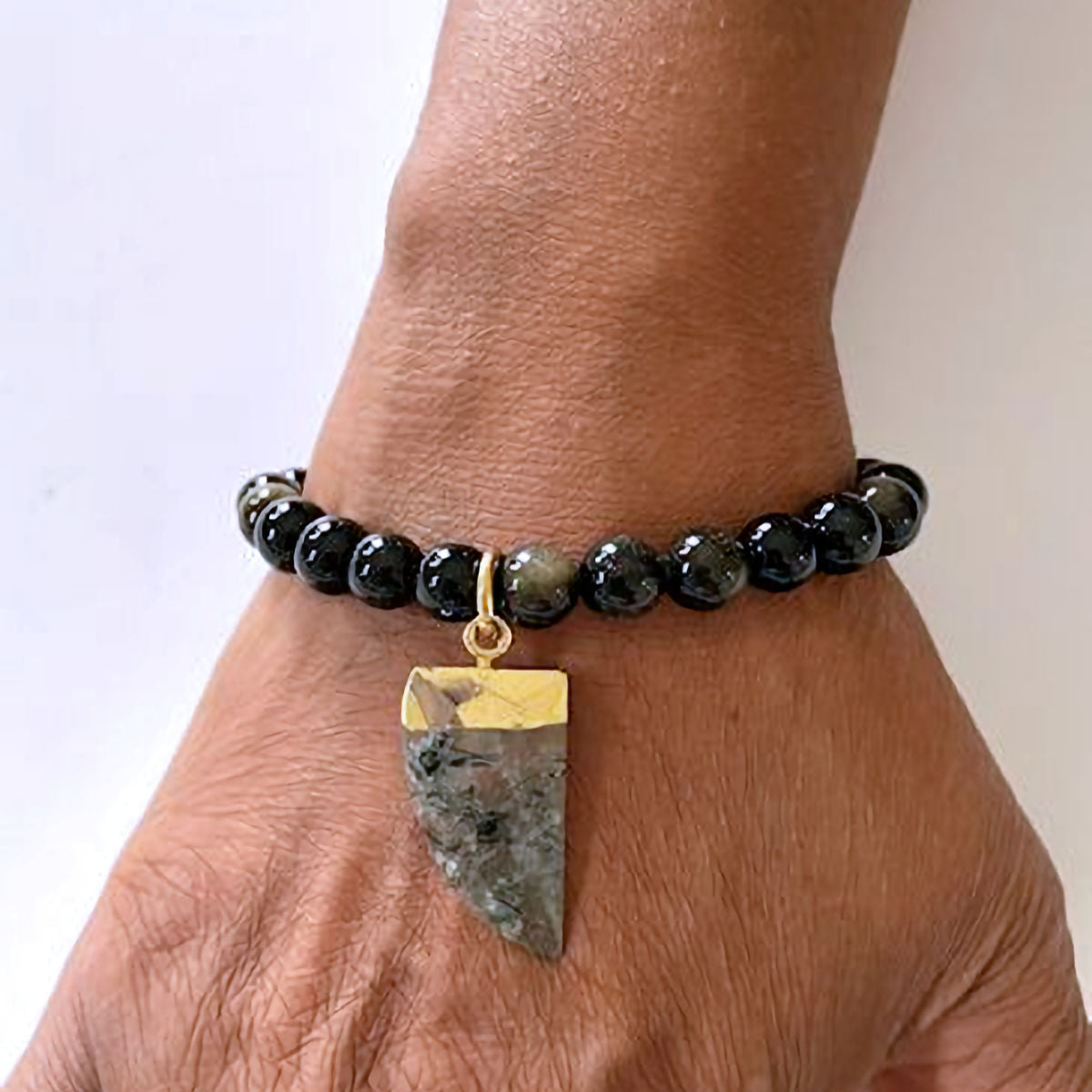 10mm Gold-Sheen Obsidian Stretch Bracelet with Prehnite Charm